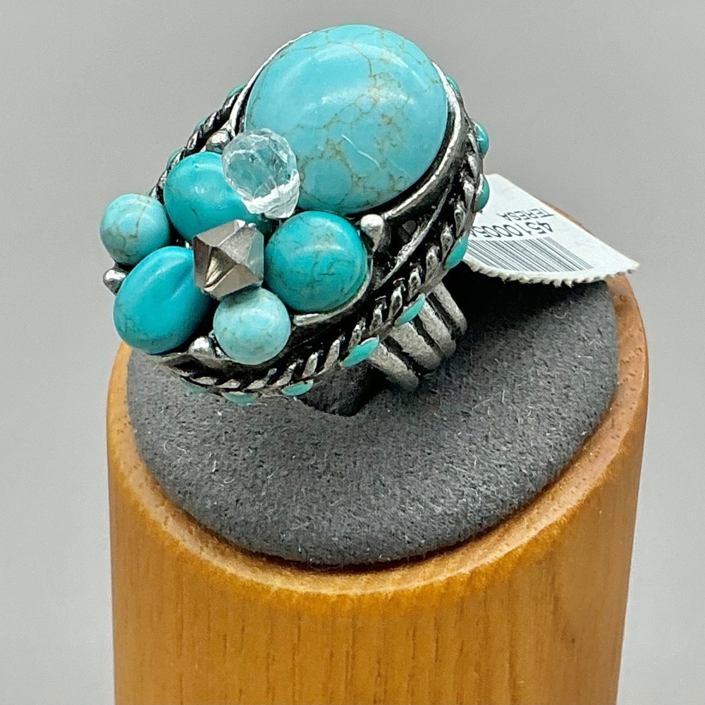 Chico's Ring Womens Silver Tone Faux Turquoise Statement Crystal Cluster Size 7